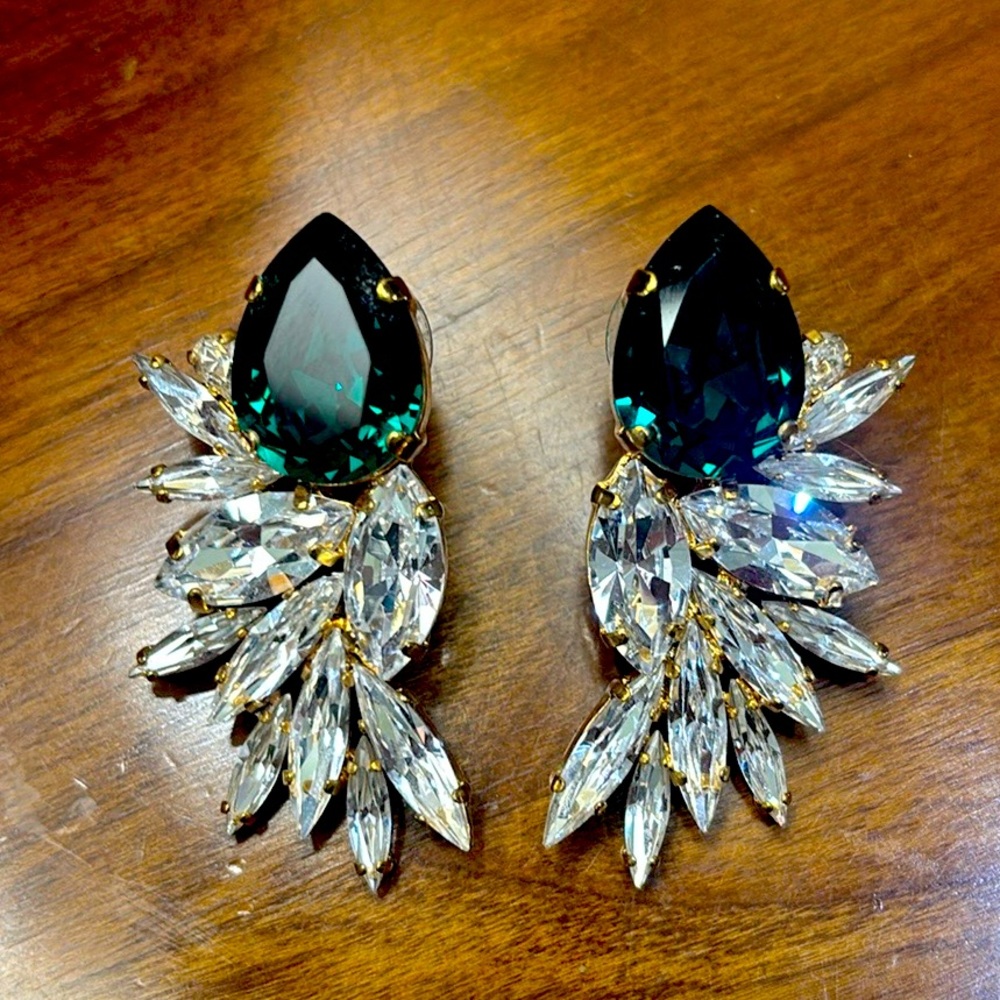Emerald Green and Rhinestone gold earring, bridal earring, statement earring